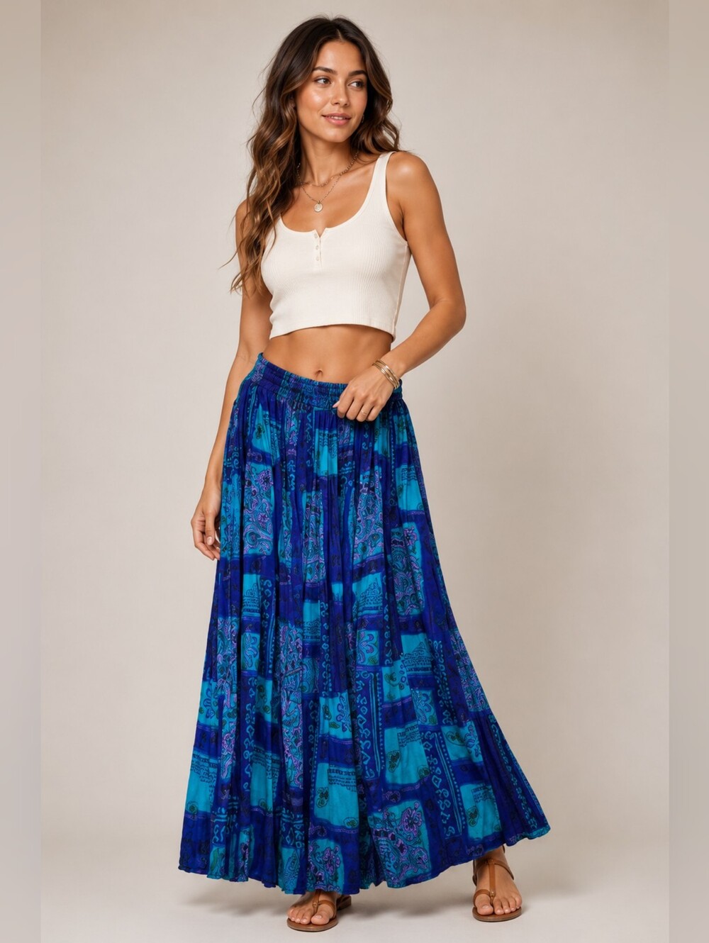 Vintage Synari Boho Patchwork Rayon Maxi Skirt Blue Purple Made in USA 1X